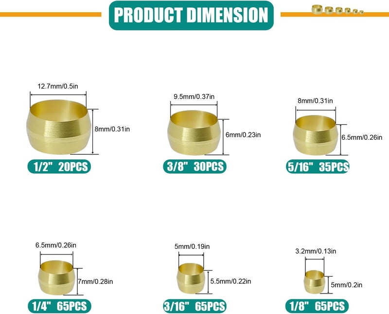 Dekiphox 280PCS Brass Compression Sleeves Ferrules, 6 Sizes 1/2" 3/8" 5/16" 1/4" 3/16" 1/8" Tube OD Hose Compression Fitting Ferrule Kit for Air Water Fuel Oil and Inert Gases Line Repair - Image 2